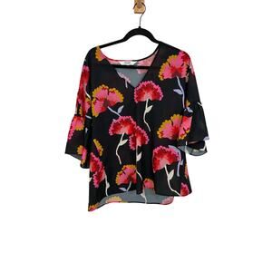 Crosby by Mollie Burch Floral Resortwear Bell Sleeve Blouse Black Pink XL Boho